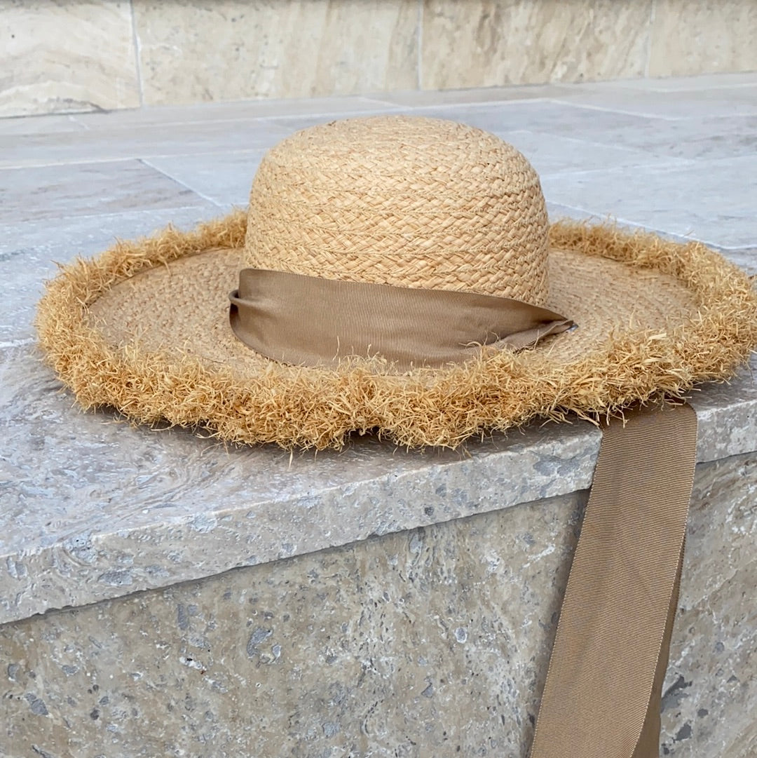 Island Home - 100% Natural Straw with Raffia Frayed Brim with ribbon tie