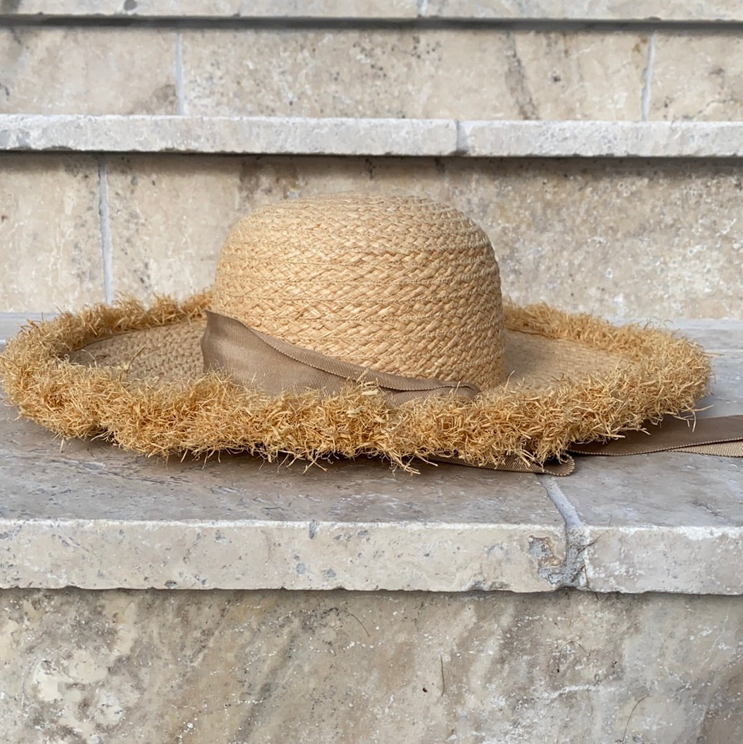 Island Home - 100% Natural Straw with Raffia Frayed Brim with ribbon tie